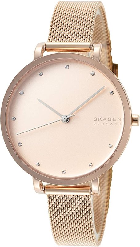 שעון יד סקאגן זהב רוז משובץ 12 זקרונים לאישה | שעוני אופנה במבצע | שנתיים אחריות | דגמים חדשים של המותג | SKW7205 Hagen Three-Hand Rose-Tone Steel-Mesh Watch - Skagen