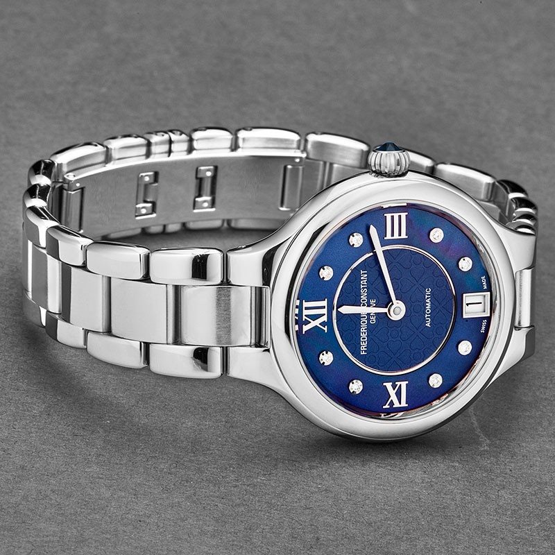 FC-306NHD3ER6B שעון יוקרתי לנשים של פרדריק קונסטנט שוויץ | שעון אוטומטי כסוף בלוח כחול פנינה משובץ | שעוני יוקרה לאישה | יבואן רשמי Frederique Constant Geneve Delight Automatic Ladies FC-306NHD3ER6B