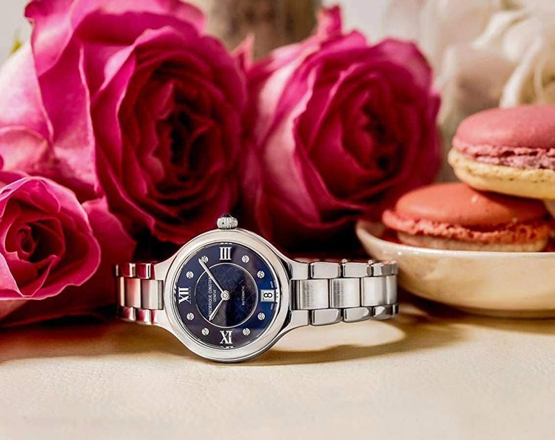 FC-306NHD3ER6B שעון יוקרתי לנשים של פרדריק קונסטנט שוויץ | שעון אוטומטי כסוף בלוח כחול פנינה משובץ | שעוני יוקרה לאישה | יבואן רשמי Frederique Constant Geneve Delight Automatic Ladies FC-306NHD3ER6B