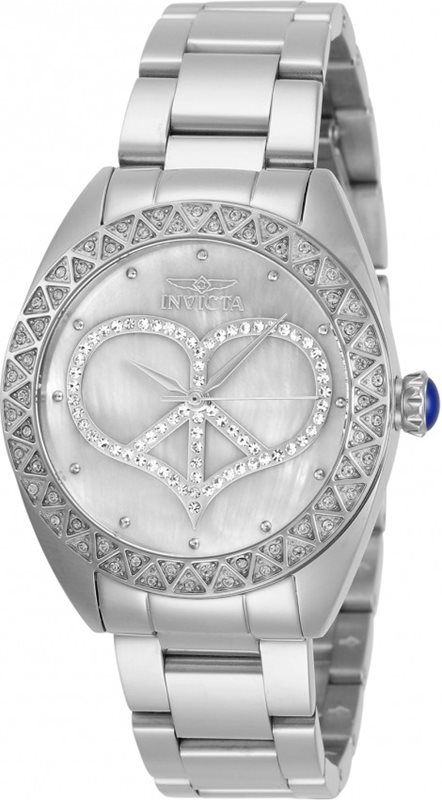31045 שעון אינווקטה כסוף לנשים | דגם משובץ זרקונים בלוח ובבאזל | לוח לב משובץ | שנתיים אחריות | Invicta Women`s Angel 31045 35mm Mother-of-pearl