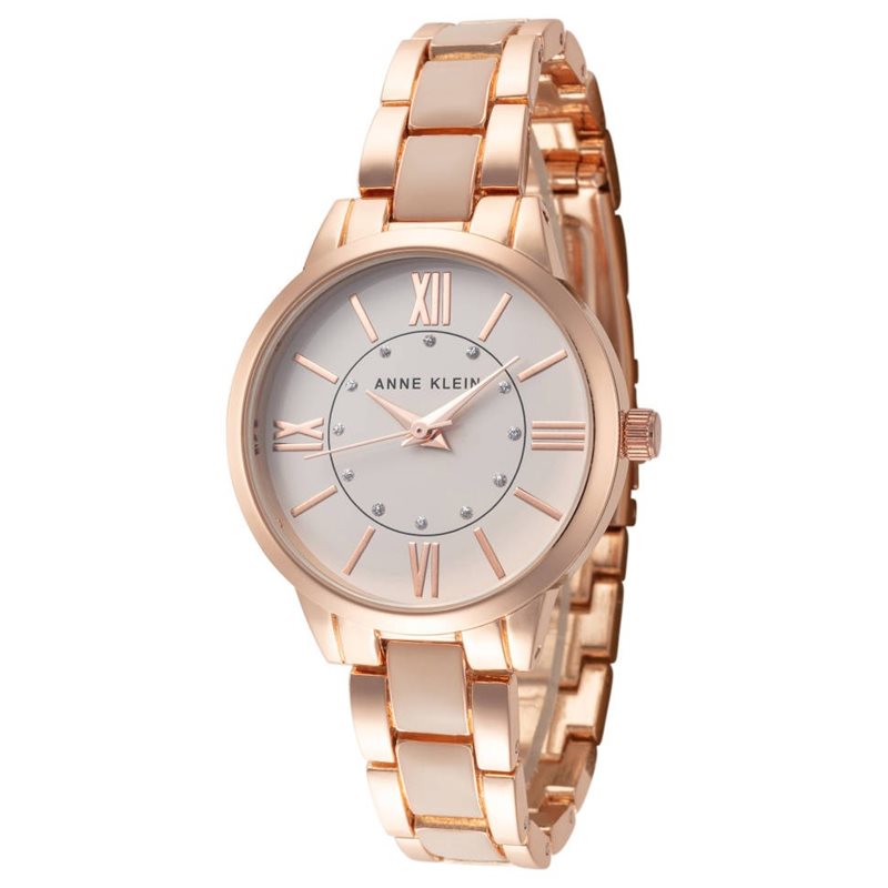 AK-3666BHRG שעון יד אן קליין לאישה | שעון רוז גולד בשילוב רצועה ורודה | לוח משובץ קריסטלים | חנות שעוני אופנה בראשון לציון | Anne Klein Women';s Glitter Accented Bracelet Watch AK-3666BHRG