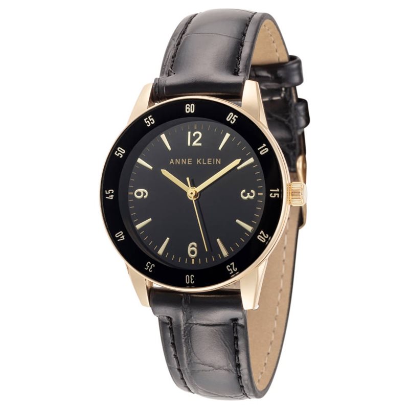 AK-3706GPBK שעון יד לאישה של אן קליין דגם אופנתי אלגנטי בשילוב מנצח של שחר וזהב | רצועת עור שחורה | שעוני אופנה בראשון לציון | Anne Klein Women';s Croco-Grain Strap Watch AK-3706GPBK