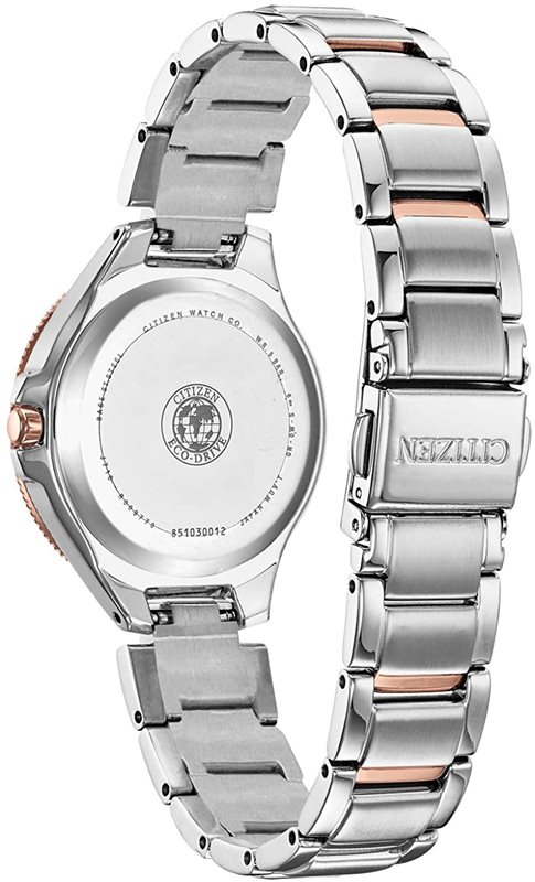 FE1196-57A שעון יד סיטיזן אקו דרייב סולארי לנשים | דגם משולב זהב רוז באזל משובץ 30 אבני סברובסקי | שנתיים אחריות | Silhouette Crystal Silver Dial Ladies Watch FE1196-57A by Citizen