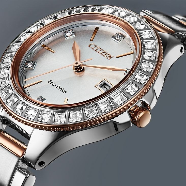 FE1196-57A שעון יד סיטיזן אקו דרייב סולארי לנשים | דגם משולב זהב רוז באזל משובץ 30 אבני סברובסקי | שנתיים אחריות | Silhouette Crystal Silver Dial Ladies Watch FE1196-57A by Citizen