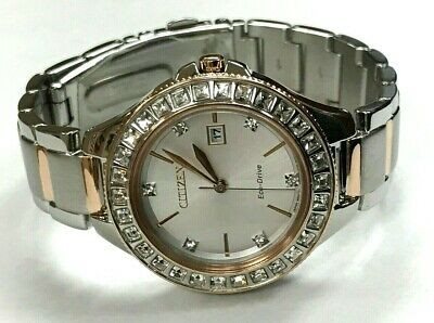 FE1196-57A שעון יד סיטיזן אקו דרייב סולארי לנשים | דגם משולב זהב רוז באזל משובץ 30 אבני סברובסקי | שנתיים אחריות | Silhouette Crystal Silver Dial Ladies Watch FE1196-57A by Citizen