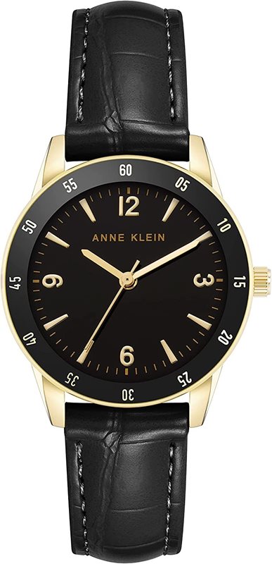 AK-3706GPBK שעון יד לאישה של אן קליין דגם אופנתי אלגנטי בשילוב מנצח של שחר וזהב | רצועת עור שחורה | שעוני אופנה בראשון לציון | Anne Klein Women';s Croco-Grain Strap Watch AK-3706GPBK