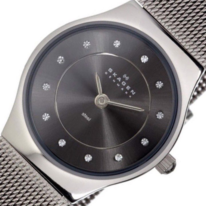 233XSSTM שעון יד סגאגן לנשים | דגם אפור בלוח משובץ 12 זרקונים | רצועת רשת אופנתית | חנות שעונים בראששון לציון | Grey Dial Gunmetal Ion-plated Ladies Watch 233XSSTM by Skagen