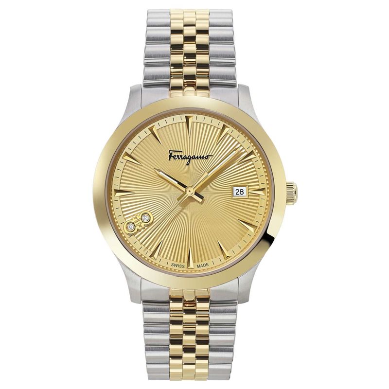 SFCV00319 שעון יד של סלבטורה פרגמו שוויץ | דגם זהב טוטון בלוח זהב מיוחד משובץ 2 יהלומים כולל תאריכון | מלאי מוגבל בהחלט | Salvatore Ferragamo Analog Champagne Dial Men Watch - SFCV00319