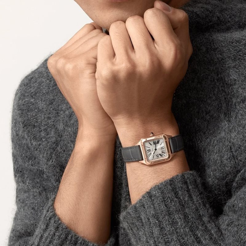 WGSA0022 שעון קרטייה נשים מסדרת סנטוס דומונט סמול | זהב 18K ברצועת עור | אחריות בין לאומית | מלאי מוגבל | Cartier Santos-Dumont Watch Small Model, Quartz Movement, Rose Gold, Leather WGSA0022