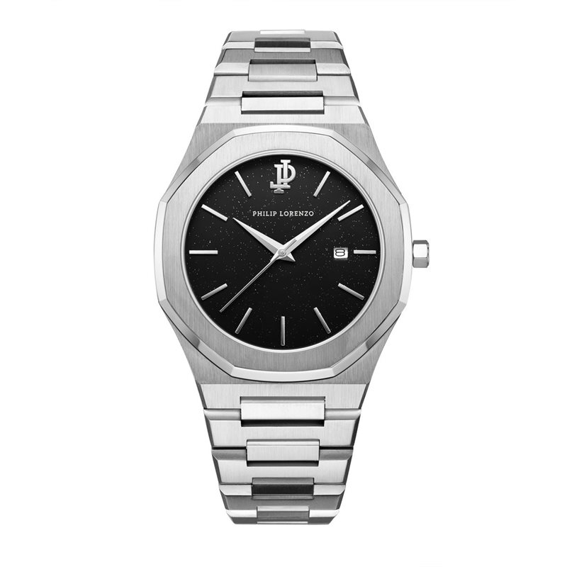 PL5401 שעון קלאסי לגברים של פיליפ לורנזו | מנגנון יפני איכותי | לוח שחור נצנצים מיוחד | רצועת פלדת אל חלד | שנתיים אחריות יבואן רישמי | PL5401 PHILIP LORENZO
