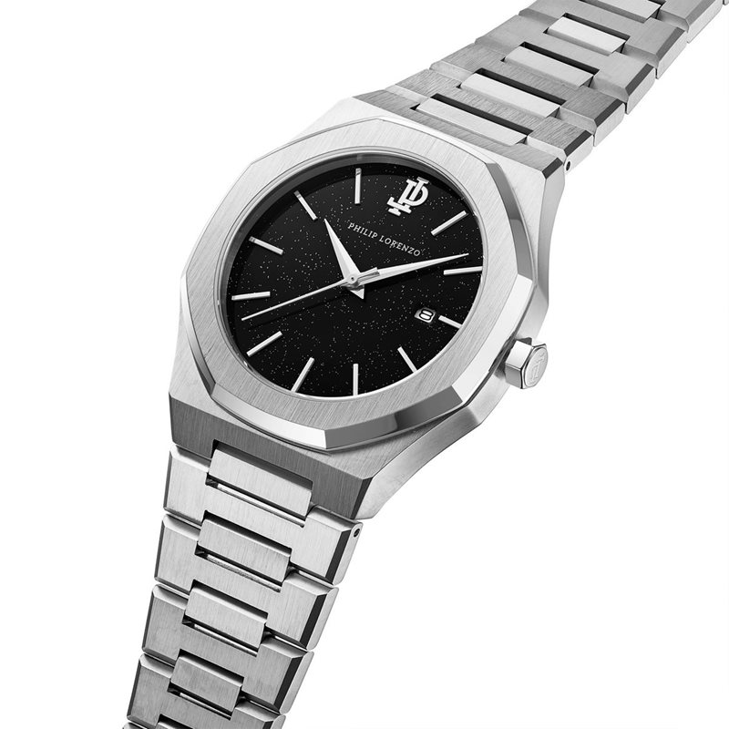 PL5401 שעון קלאסי לגברים של פיליפ לורנזו | מנגנון יפני איכותי | לוח שחור נצנצים מיוחד | רצועת פלדת אל חלד | שנתיים אחריות יבואן רישמי | PL5401 PHILIP LORENZO