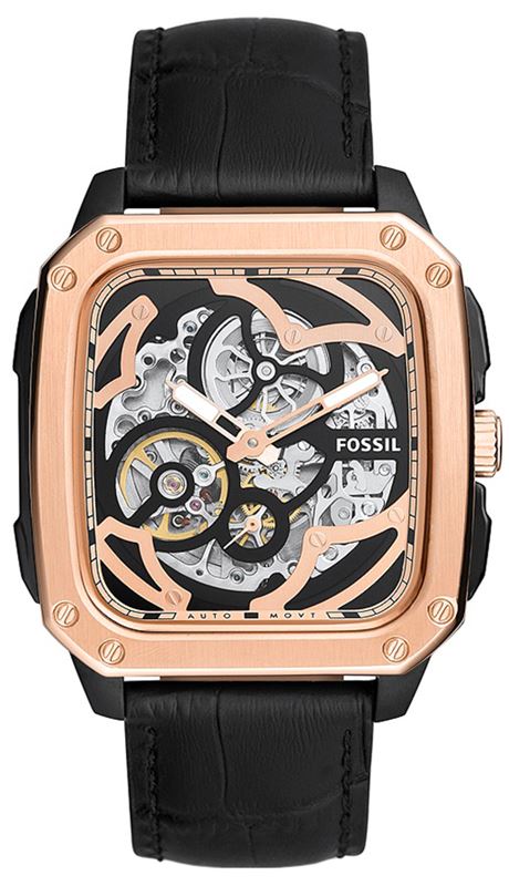 BQ2572 שעון יד פוסיל דגם מלבני סקלטון אוטומטי מיוחד | קולקציית שעונים חדשה בישראל | רצועת עור משולב רוז גולד | Inscription Automatic Black Skeleton Dial Men';s Watch BQ2572 by Fossil