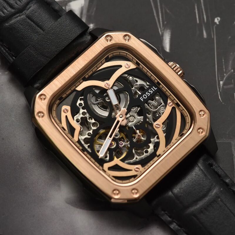 BQ2572 שעון יד פוסיל דגם מלבני סקלטון אוטומטי מיוחד | קולקציית שעונים חדשה בישראל | רצועת עור משולב רוז גולד | Inscription Automatic Black Skeleton Dial Men';s Watch BQ2572 by Fossil