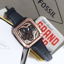 BQ2572 שעון יד פוסיל דגם מלבני סקלטון אוטומטי מיוחד | קולקציית שעונים חדשה בישראל | רצועת עור משולב רוז גולד | Inscription Automatic Black Skeleton Dial Men';s Watch BQ2572 by Fossil