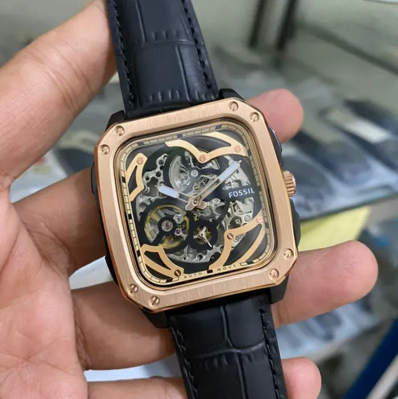 BQ2572 שעון יד פוסיל דגם מלבני סקלטון אוטומטי מיוחד | קולקציית שעונים חדשה בישראל | רצועת עור משולב רוז גולד | Inscription Automatic Black Skeleton Dial Men';s Watch BQ2572 by Fossil