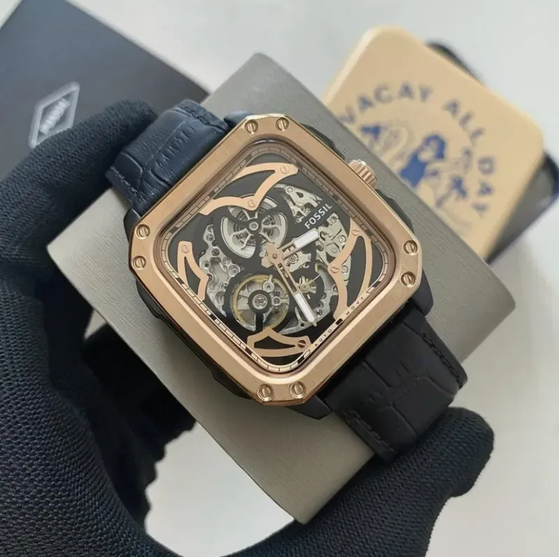 BQ2572 שעון יד פוסיל דגם מלבני סקלטון אוטומטי מיוחד | קולקציית שעונים חדשה בישראל | רצועת עור משולב רוז גולד | Inscription Automatic Black Skeleton Dial Men';s Watch BQ2572 by Fossil