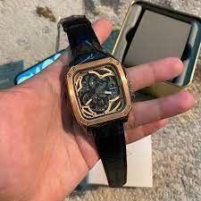 BQ2572 שעון יד פוסיל דגם מלבני סקלטון אוטומטי מיוחד | קולקציית שעונים חדשה בישראל | רצועת עור משולב רוז גולד | Inscription Automatic Black Skeleton Dial Men';s Watch BQ2572 by Fossil