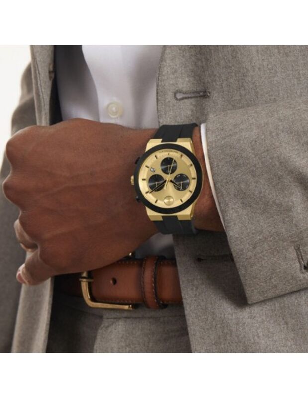 3600895 שעון מהסדרה החדשה של מובאדו לגברים | דגם כרונוגרף ספורטיבי ברצועת סילקון | שעון יוקרתי שווצרי לגברים |Movado Bold Fusion Chronograph Quartz Gold Dial Men';s Watch 3600895