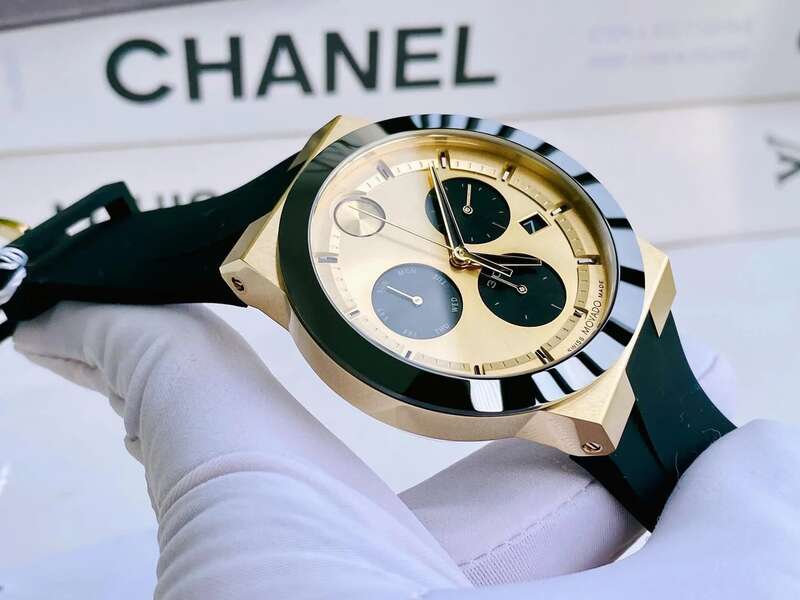 3600895 שעון מהסדרה החדשה של מובאדו לגברים | דגם כרונוגרף ספורטיבי ברצועת סילקון | שעון יוקרתי שווצרי לגברים |Movado Bold Fusion Chronograph Quartz Gold Dial Men';s Watch 3600895