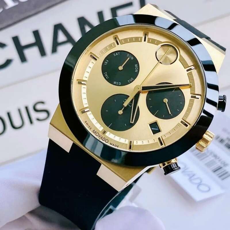 3600895 שעון מהסדרה החדשה של מובאדו לגברים | דגם כרונוגרף ספורטיבי ברצועת סילקון | שעון יוקרתי שווצרי לגברים |Movado Bold Fusion Chronograph Quartz Gold Dial Men';s Watch 3600895