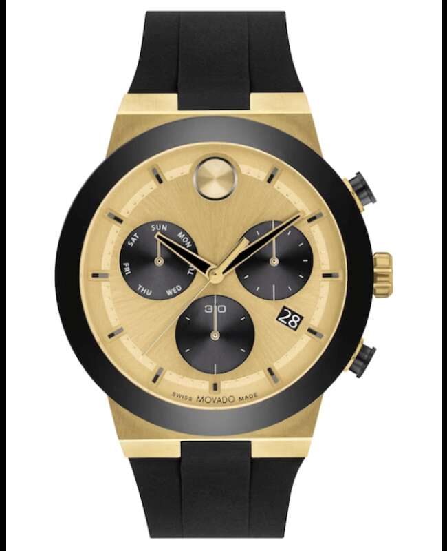 3600895 שעון מהסדרה החדשה של מובאדו לגברים | דגם כרונוגרף ספורטיבי ברצועת סילקון | שעון יוקרתי שווצרי לגברים |Movado Bold Fusion Chronograph Quartz Gold Dial Men';s Watch 3600895