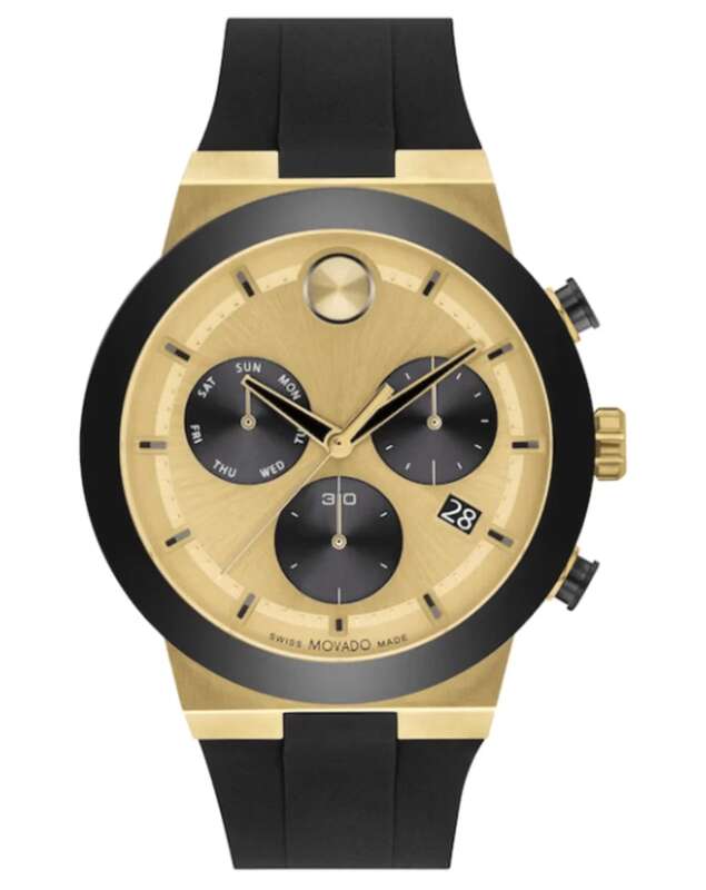 3600895 שעון מהסדרה החדשה של מובאדו לגברים | דגם כרונוגרף ספורטיבי ברצועת סילקון | שעון יוקרתי שווצרי לגברים |Movado Bold Fusion Chronograph Quartz Gold Dial Men';s Watch 3600895