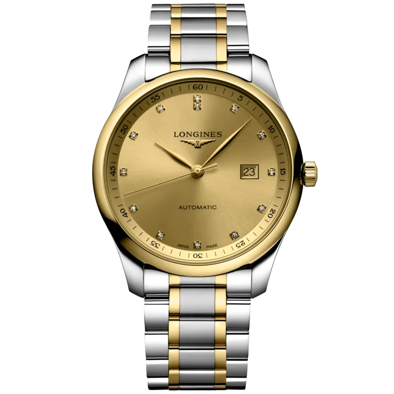 L2.893.5.37.7 שעון יוקרה של לונג';ן מסדרת מאסטר קולקשיין היוקרתית | דגם לגברים מנגנון אוטומטי גב שקוף לוח זהב משובץ באזל ורצועה זהב 18K | שנתיים אחריות | Master Automatic Diamond Two-Tone 18K L28935377