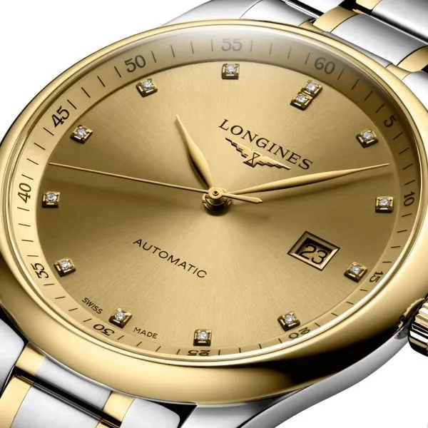 L2.893.5.37.7 שעון יוקרה של לונג';ן מסדרת מאסטר קולקשיין היוקרתית | דגם לגברים מנגנון אוטומטי גב שקוף לוח זהב משובץ באזל ורצועה זהב 18K | שנתיים אחריות | Master Automatic Diamond Two-Tone 18K L28935377