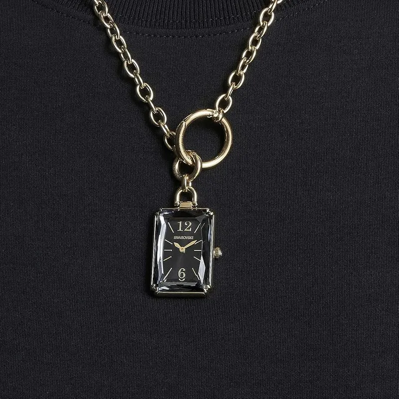 5624363 שעון סברובסקי אופנתי בעיצוב שעון כיס- שרשרת | שעון זהב בלוח שחור | מלאי מוגבל | שנתיים אחריות | Swarovski Pocket Black Gold Tone Plated Pocket Watch 5624363
