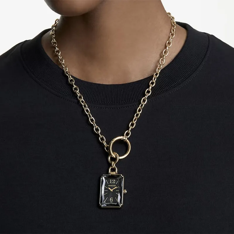 5624363 שעון סברובסקי אופנתי בעיצוב שעון כיס- שרשרת | שעון זהב בלוח שחור | מלאי מוגבל | שנתיים אחריות | Swarovski Pocket Black Gold Tone Plated Pocket Watch 5624363