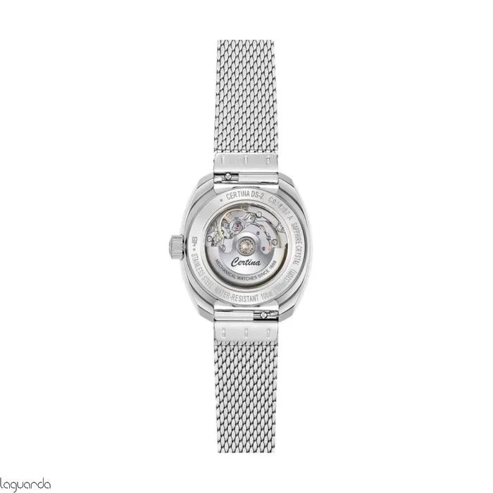 C024.207.11.111.00 שעון סרטינה לנשים אוטומטי דגם חדש מסדרת DS2 | שעון כסוף בלוח פנינה | רצועת רשת | 5 שנים אחריות | Certina C0242071111100 Women';s DS-2 Lady Powermatic