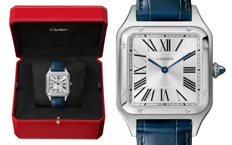 WSSA0085 שעון קרטייה סנטוס דומונד סטיל דגם יוניסקס מידה לארג | רצועת עור כחולה | סט מלא כולל 4 שנים אחריות | שעון כמו חדש במחיר יד 2 | Cartier Santos Dumont Large Steel Strap Watch, ref WSSA0085