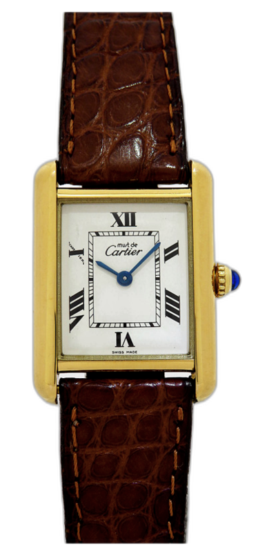 W1013654 שעון קרטייה טנק מאסט ורמיל ציפוי זהב יד 2 דגם לנשים | רצועת עור חומה מקורית | לוח רומי לבן ממותג | שנה אחריות | Cartier Must Tank SM Vermeil W1013654 Ladies