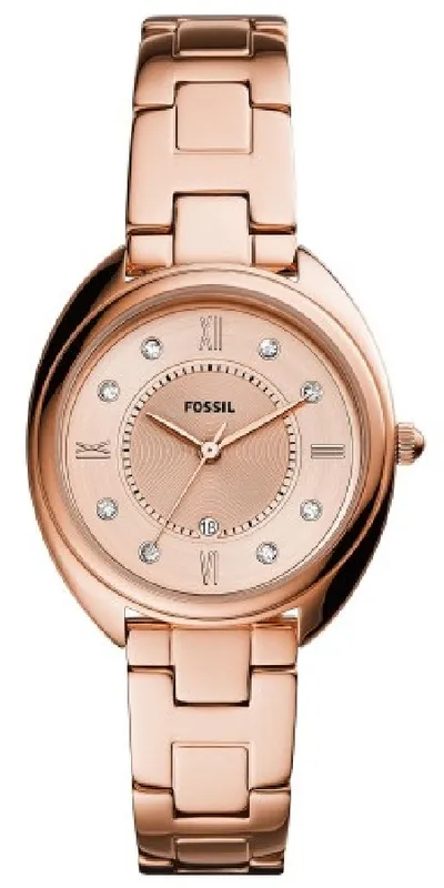 ES5070 שעון יד פוסיל לנשים | דגם רוז גולד משובץ 8 זרקונים | לוח שמפניה | מלאי מוגבל | שנתיים אחריות | ES5070 | FOSSIL Gabby Analog Watch for Women