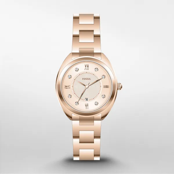 ES5070 שעון יד פוסיל לנשים | דגם רוז גולד משובץ 8 זרקונים | לוח שמפניה | מלאי מוגבל | שנתיים אחריות | ES5070 | FOSSIL Gabby Analog Watch for Women