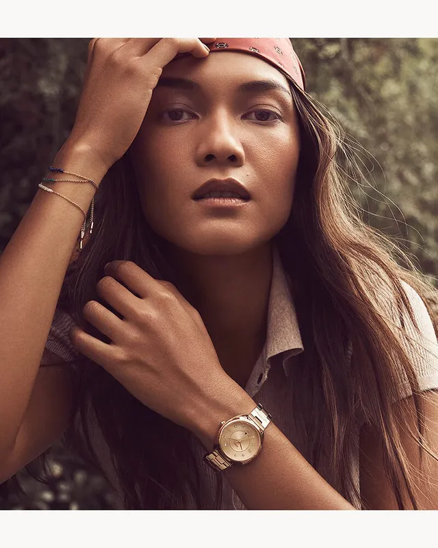 ES5070 שעון יד פוסיל לנשים | דגם רוז גולד משובץ 8 זרקונים | לוח שמפניה | מלאי מוגבל | שנתיים אחריות | ES5070 | FOSSIL Gabby Analog Watch for Women