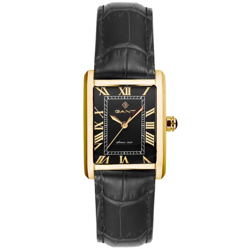 G173109 שעון גאנט לנשים ברצועת עור שחורה | לוח שחור עם ספרות רומיות | באזל זהב | שנתיים אחריות יבואן רשמי בישראל | Gant Rhode Island Heritage G173109