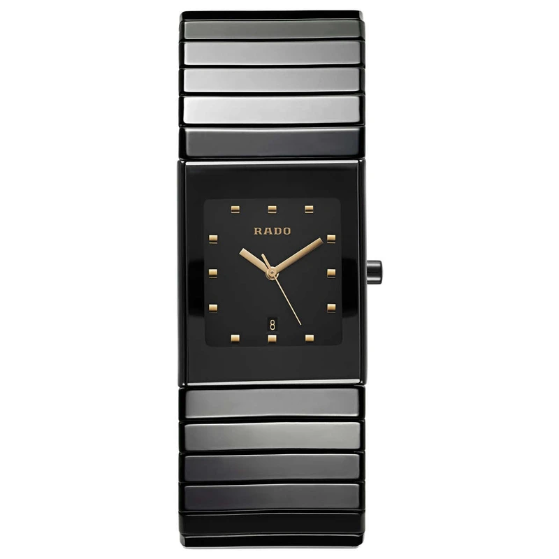 R21347162 שעון יד ראדו יד 2 דגם קרמיקה קלאסי 27 ממ שחור מחוגים זהב | חנות שעונים יד 2 כולל שנה אחריות Rado DiaStar 152.0347.3 Ceramic Swiss Quartz 27MM Watch