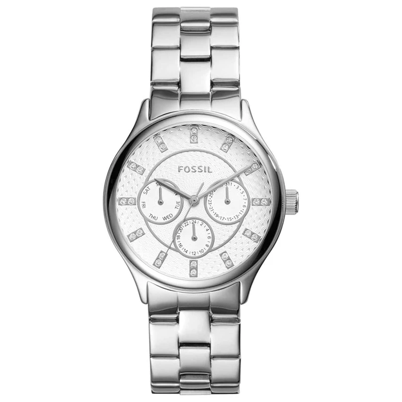BQ1560 שעון יד פוסיל לאישה בלוח לבן מיוחד משובץ | שעון אופנתי איכותי כולל תאריכון ימים שנתיים אחריות | Fossil Modern Sophisticate Silver Watch BQ1560