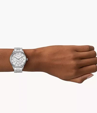 BQ1560 שעון יד פוסיל לאישה בלוח לבן מיוחד משובץ | שעון אופנתי איכותי כולל תאריכון ימים שנתיים אחריות | Fossil Modern Sophisticate Silver Watch BQ1560