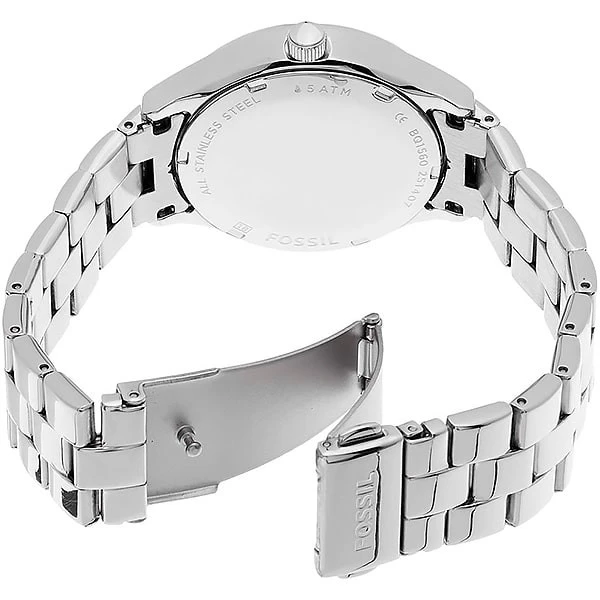 BQ1560 שעון יד פוסיל לאישה בלוח לבן מיוחד משובץ | שעון אופנתי איכותי כולל תאריכון ימים שנתיים אחריות | Fossil Modern Sophisticate Silver Watch BQ1560