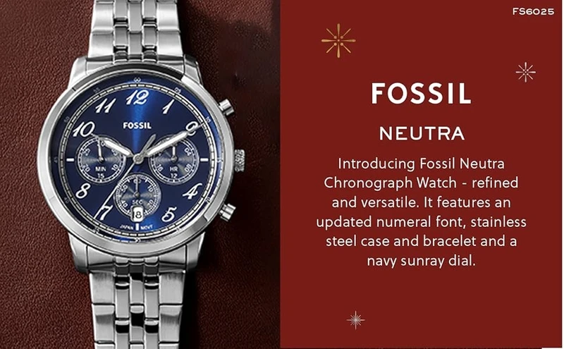 FS6025 שעון קלאסי לגברים של פוסיל | דגם חדש בלוח כחול ספרות מרשים | מלאי מוגבל עם שנתיים אחריות | Fossil Neutra Round Dial Men Watches - FS6025