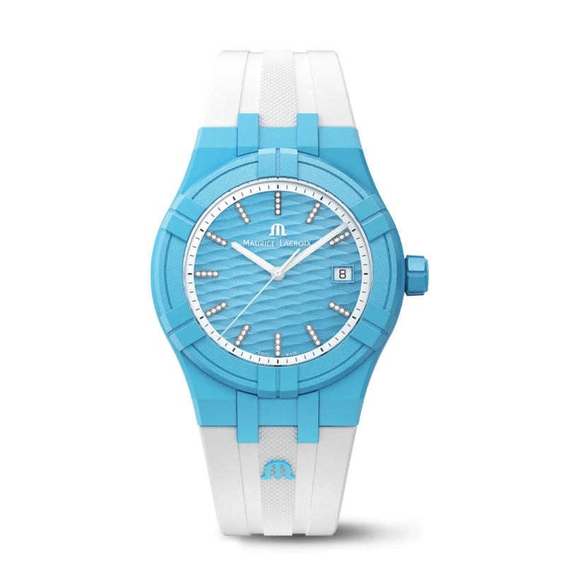 AI2008-AAAA1-3A0-0 שעון מרשים של מוריס לקרואה לוח טיפני משובץ יהלומים | רצועת ספורט ממותגת | זכוכית ספיר - שנתיים אחריות | Maurice Lacroix AIKON AI2008-AAAA1-3A0-0 Aikon #tide