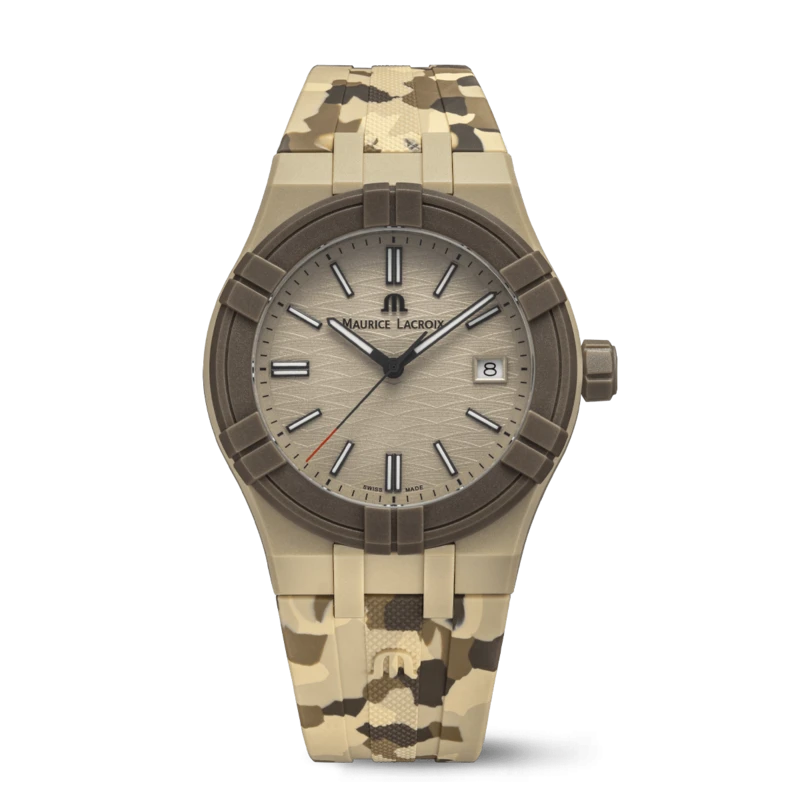 AI2008-IJJIZ000-0 שעון מוריס לקרואה לגברים מהדורה מוגבלת מסדרת טייד | דגם ברצועת ספורט חמה צבאית | מנגנון שווצרי | Maurice Lacroix AIKON #tide Beige Camo Men';s Watch AI2008-IJJIZ-000-0