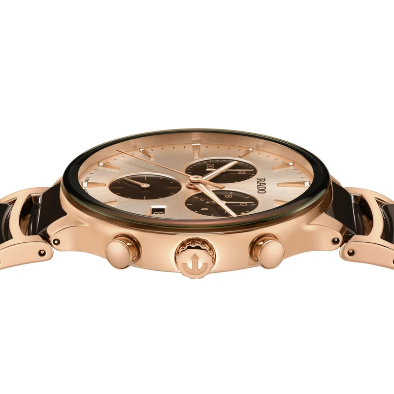 R-62123040 שעון ראדו מסדרת סנטריקס החדשה 2025 לגברים | דגם רוז גולד בקרמיקה חומה ומיוחדת | לוח שמפניה כולל 5 שנים אחריות יבואן רשמי פלאנט | Rado NEW Centrix Chronograph 41mm Mens Watch R30212402