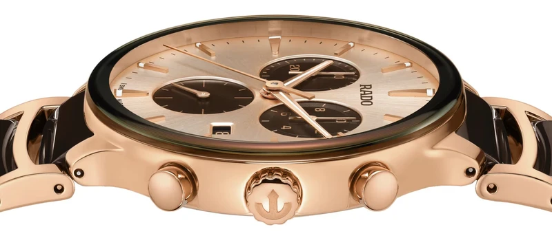 R-62123040 שעון ראדו מסדרת סנטריקס החדשה 2025 לגברים | דגם רוז גולד בקרמיקה חומה ומיוחדת | לוח שמפניה כולל 5 שנים אחריות יבואן רשמי פלאנט | Rado NEW Centrix Chronograph 41mm Mens Watch R30212402