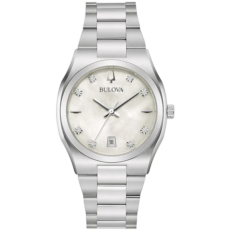 96P218 שעון יד בולבה לאישה | דגם חדש בלוח פנינה משובץ 8 יהלומים | שעון אלגנטי יוקרתי כולל שנתיים אחריות | מלאי מוגבל | Bulova Women';s Surveyor Stainless Steel Diamond Dial 96P218