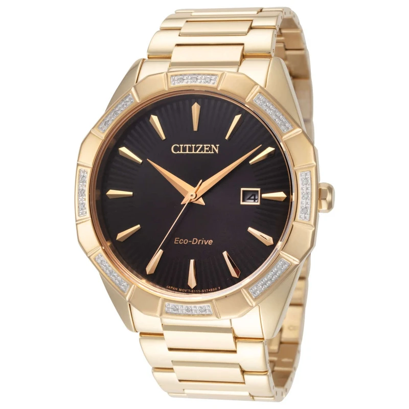 BM7542-51E שעון יוקרתי של סיטיזן לגברים | דגם זהב בלוח שחור פסים מיוחד | באזל משובץ 24 יהלומים | מנגנון אקו דרייב סולארי כולל שנתיים אחריות | Citizen Eco-Drive Classic Diamond Black Dial Gold BM7542-5