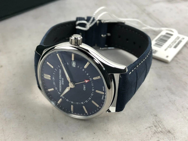 FC-252NS5B6 שעון יוקרה של פרדריק קונסטנט לגברים | דגם GMT בלוח כחול מיוחד כולל רצועת עור כחולה | Frederique Constant Classics Quartz GMT FC-252NS5B6
