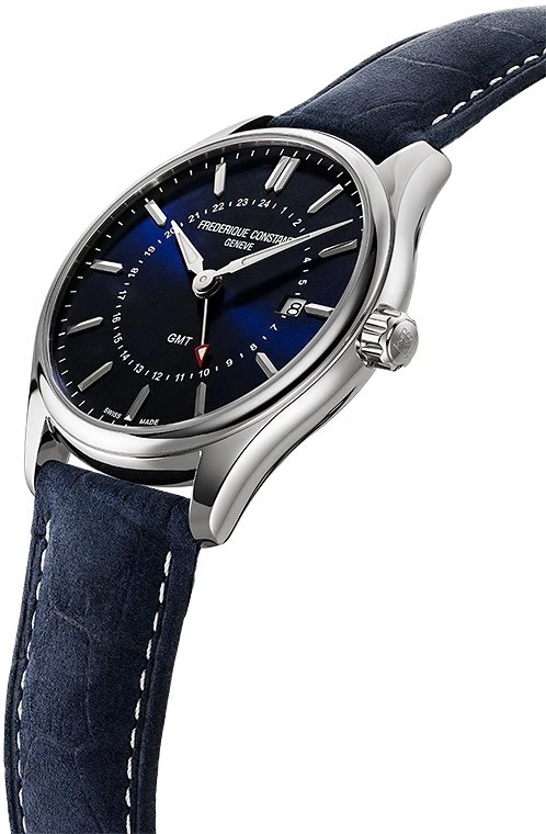 FC-252NS5B6 שעון יוקרה של פרדריק קונסטנט לגברים | דגם GMT בלוח כחול מיוחד כולל רצועת עור כחולה | Frederique Constant Classics Quartz GMT FC-252NS5B6